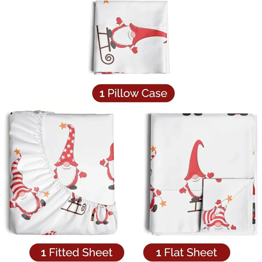 Twin Holiday Gnomes Red Sheet Set - Ultra Soft Christmas Bedding - Wrinkle Free